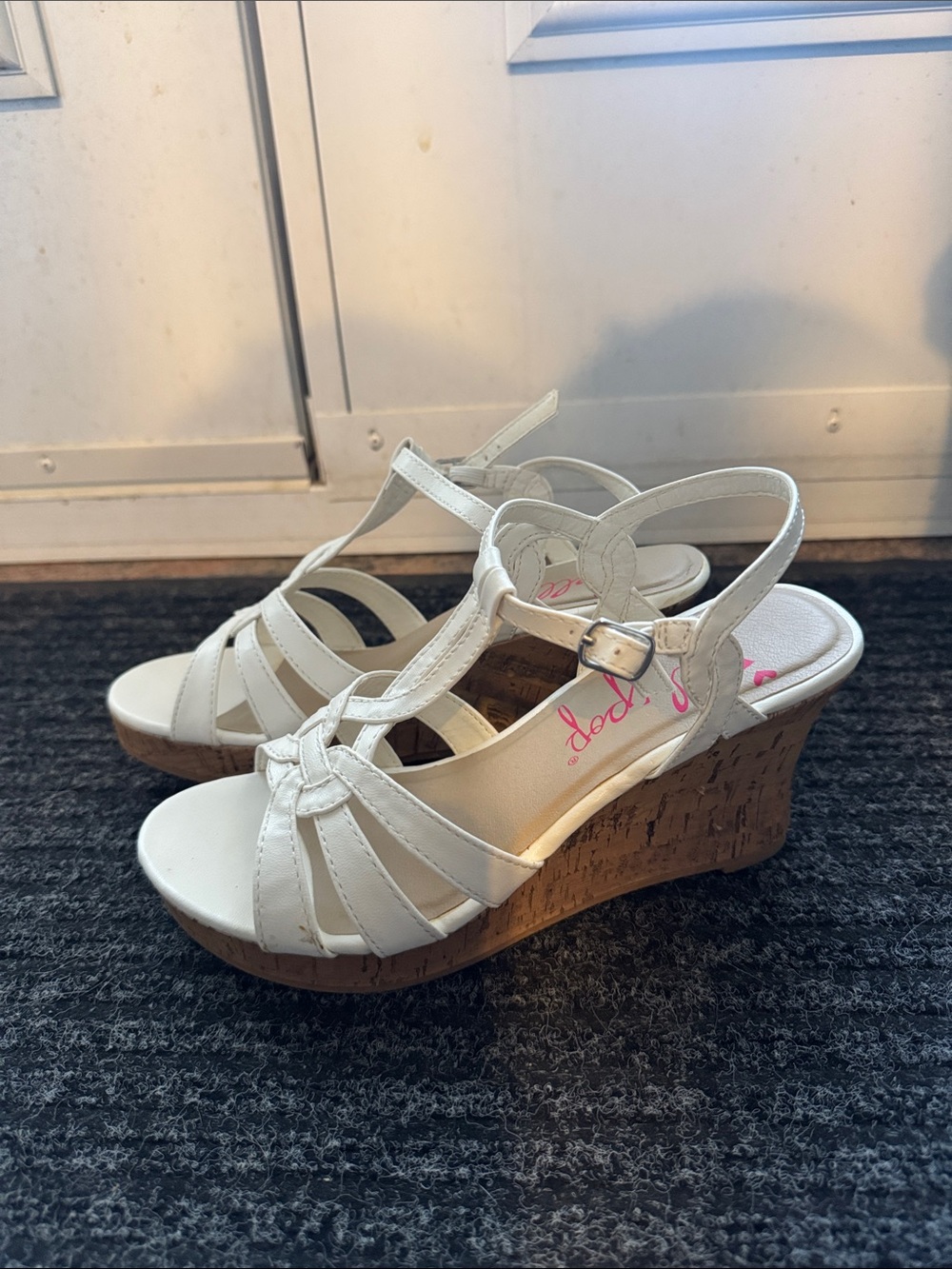 Women's White Strappy Cork Wedge Sandals